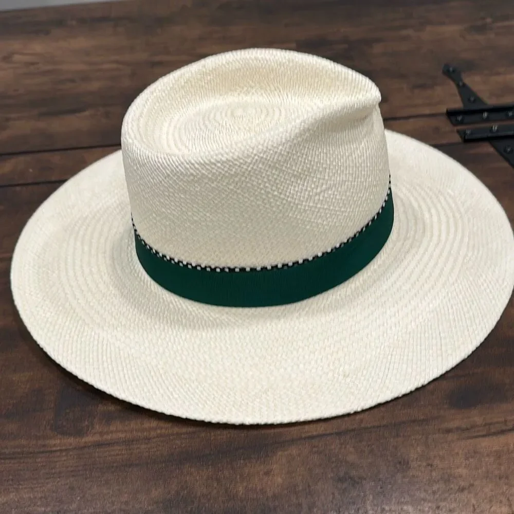 NWT B Couture Women's Wide Brim Feather Band Diane Panama Hat White Green 56cm/M